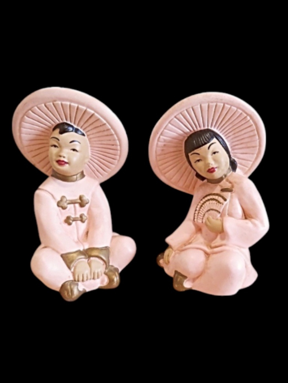 2 MID CENTURY Asian Oriental Chalkware Figurines, Light Pink, 1950s Decor